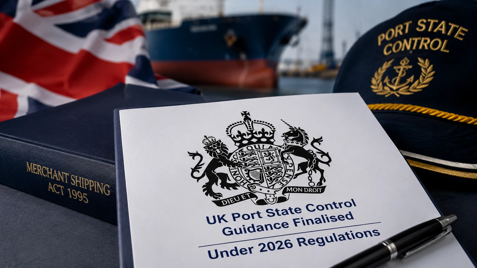 Vista ilustrativa de una inspección de control por el Estado rector del puerto a un buque mercante atracado.