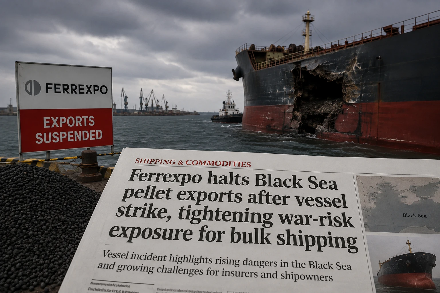 Massengutfrachter an einem Terminal beim Laden von Eisenerzpellets; dies veranschaulicht den durch höhere Navigationsrisiken betroffenen Schwarzmeer-Massenguthandel.