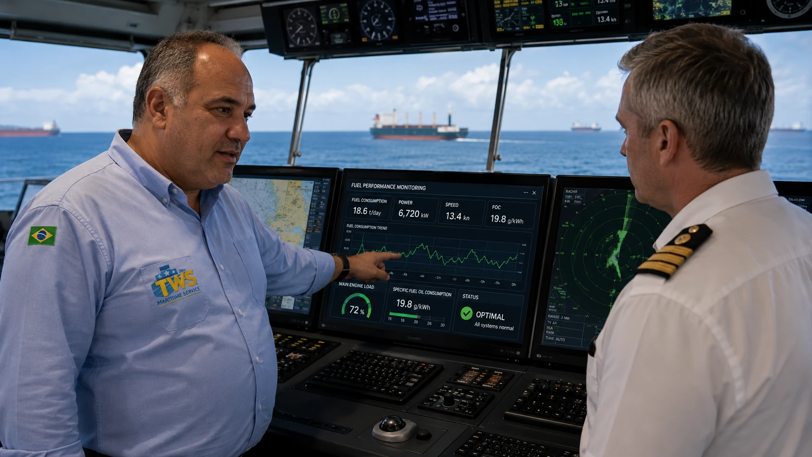 Ship officer reviewing digital voyage and fuel-performance data on an electronic display aboard a cargo vessel.