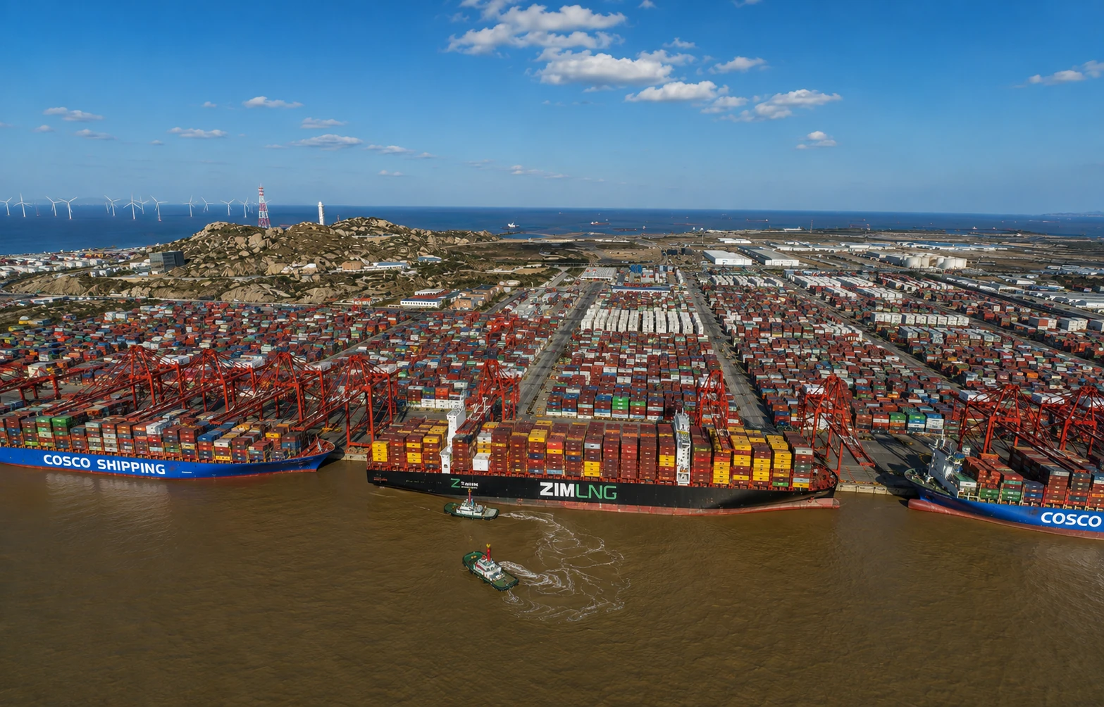Container vessel alongside ship-to-shore cranes at a Shanghai container terminal.