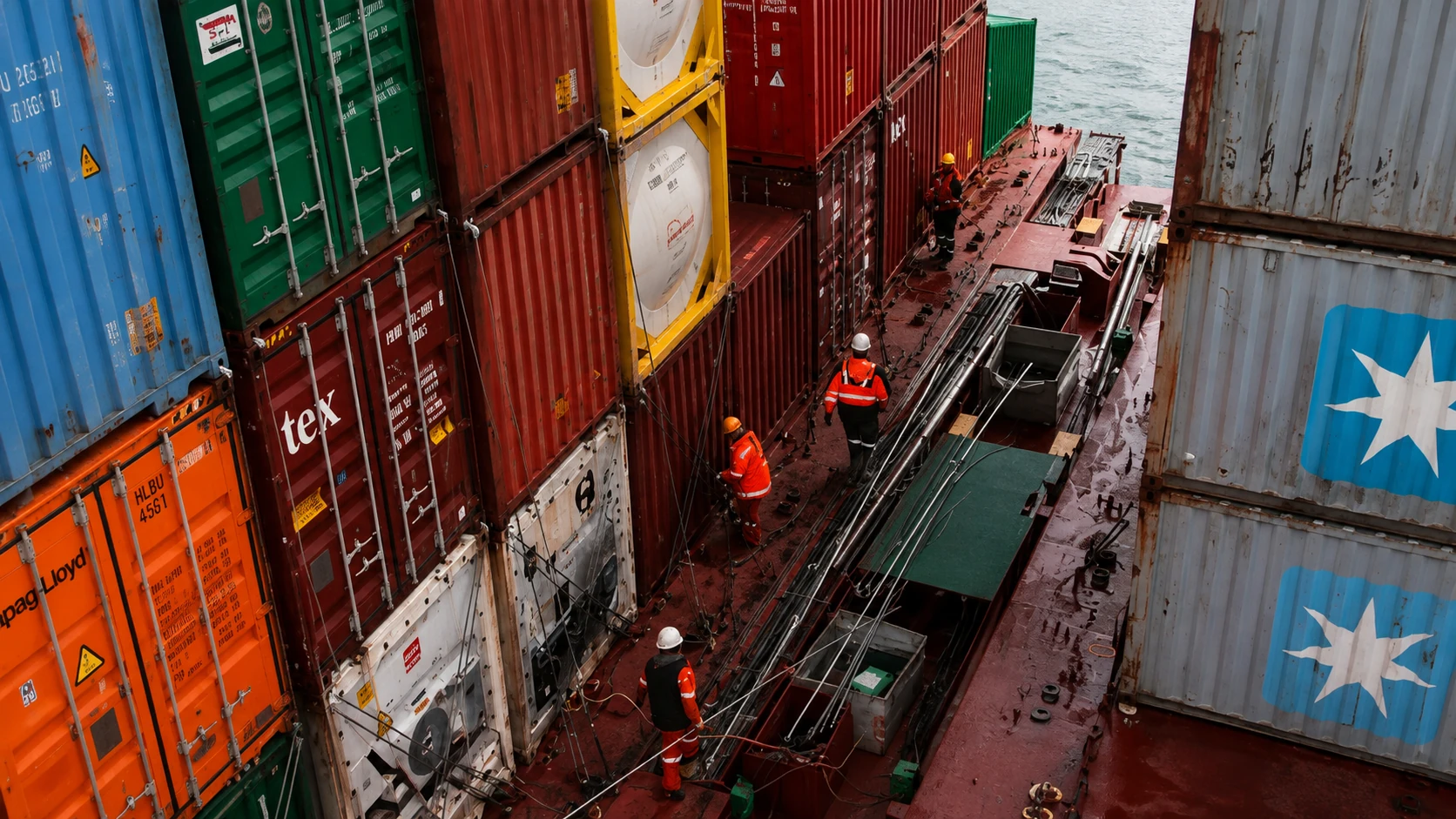 Deck crew inspect container lashing equipment on a container ship before departure.