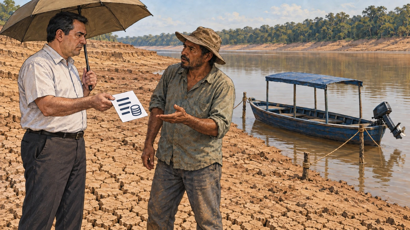 Editorial illustration of one man presenting a low-water surcharge bill to another beside a moored boat on a drought-exposed riverbank.