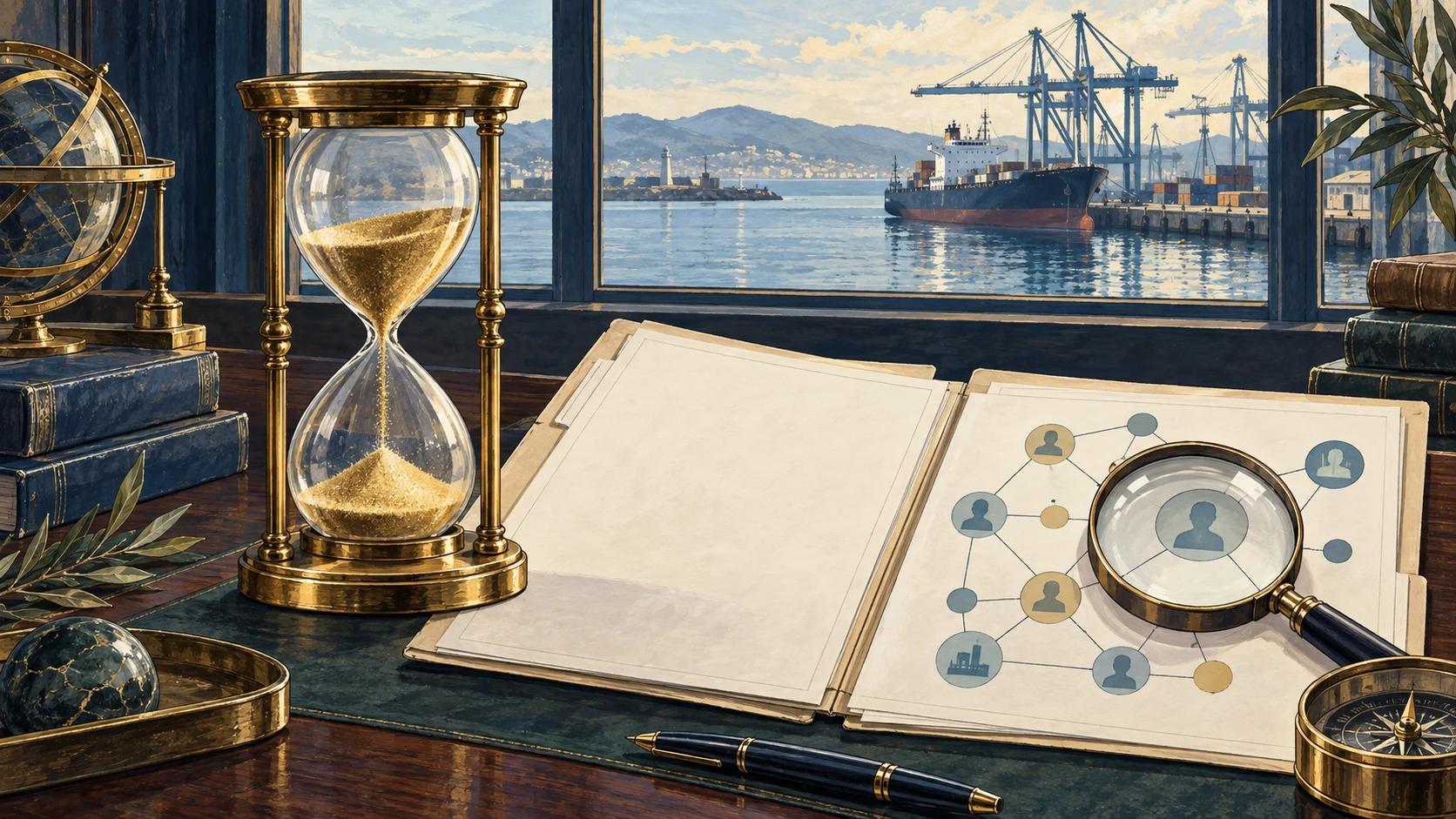 Hourglass, blank documents and an ownership diagram overlooking an illustrated harbor.