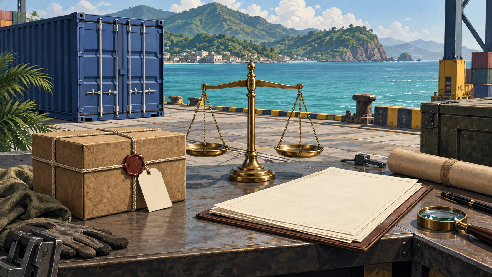Illustrated balance scales, sealed cargo sample and blank records beside a container.