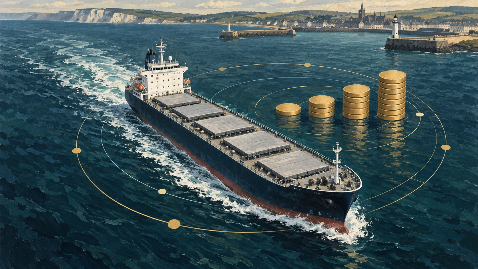 Illustrated cargo ship at sea beside plain gold discs and circular accounting lines.