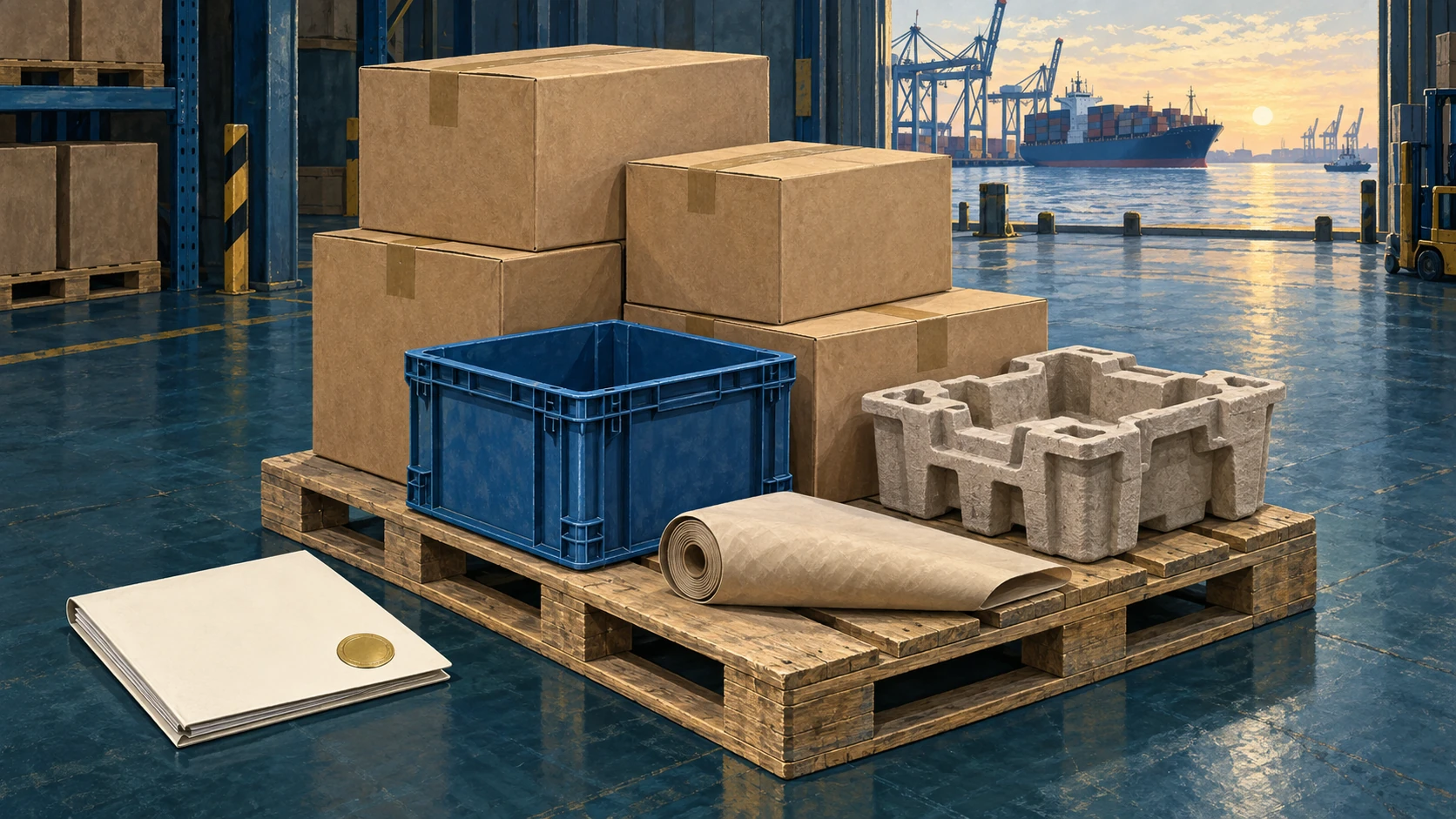 Pallet con scatole, cassa riutilizzabile, imballaggio in polpa stampata e cartella in bianco, in un’illustrazione.