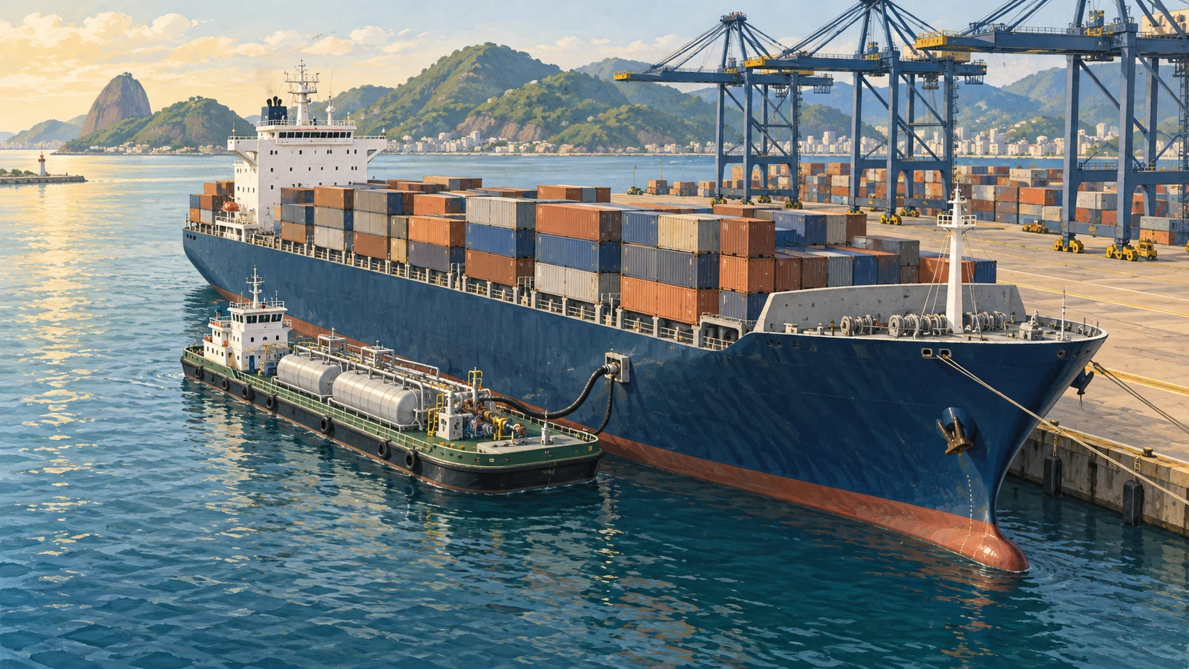 Illustrated bunker barge alongside a container ship, connected by a transfer hose.