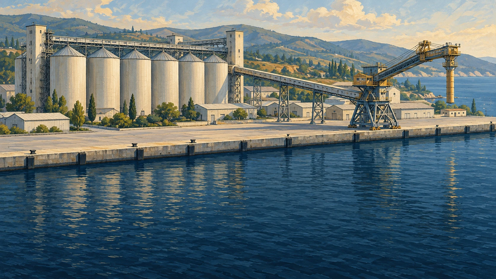 Illustrated intact grain silos and shore-mounted shiploader beside an empty berth.