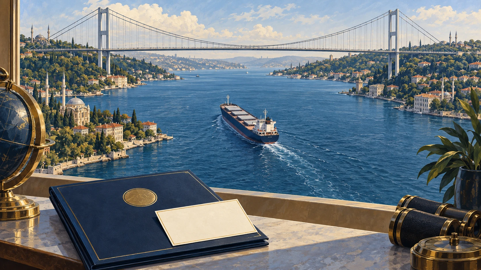 Illustrated cargo ship in a strait beneath a high bridge, with blank agency documents in front.