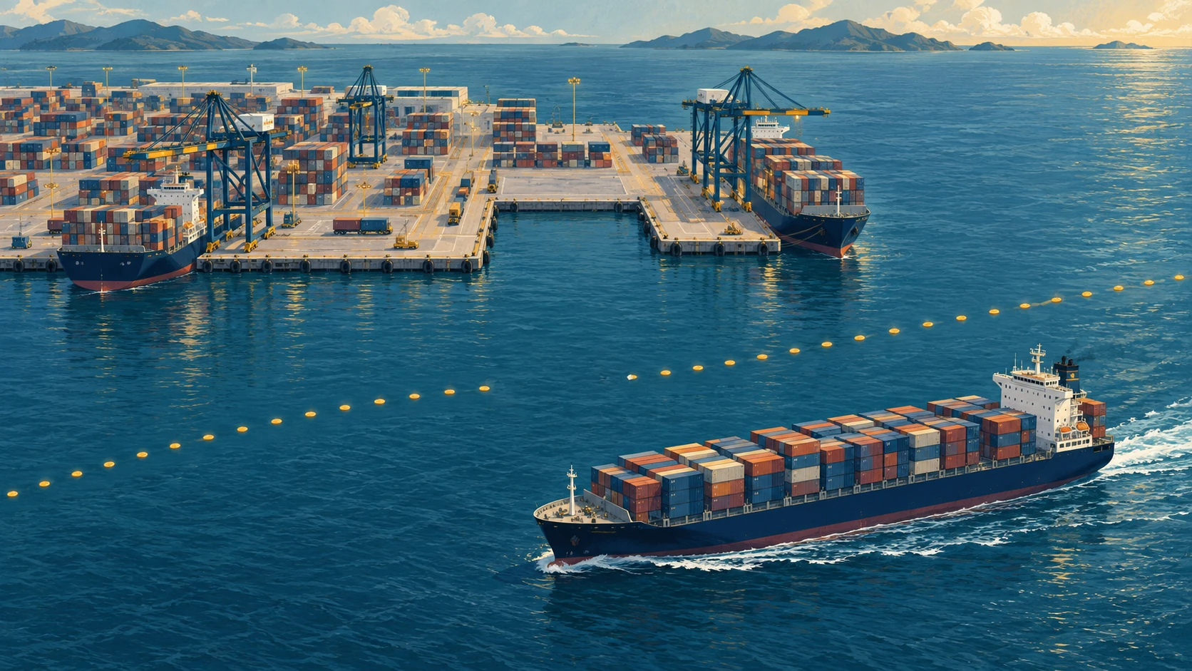 Container terminal with an empty berth and a container ship beside a dotted route.
