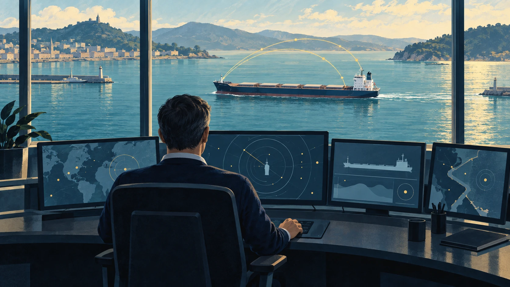 Shore-based operator at unlabeled navigation screens, overlooking a cargo ship in a harbor.