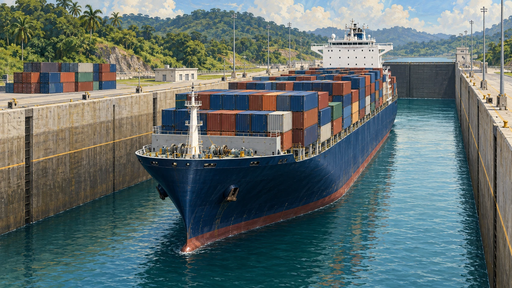 Portacontainer in una chiusa tropicale, con spazio d’acqua visibile ai lati e una linea di livello senza numeri.