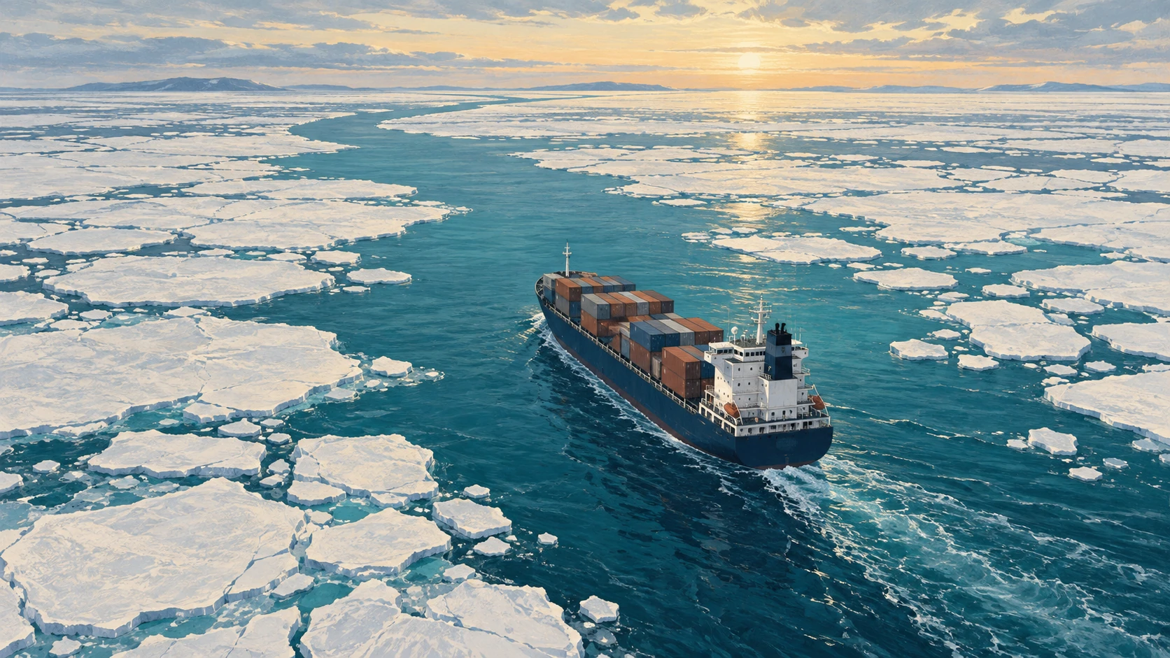Kleines Containerschiff fährt durch offenes Wasser zwischen flachen arktischen Eisschollen und zieht eine Kielspur.