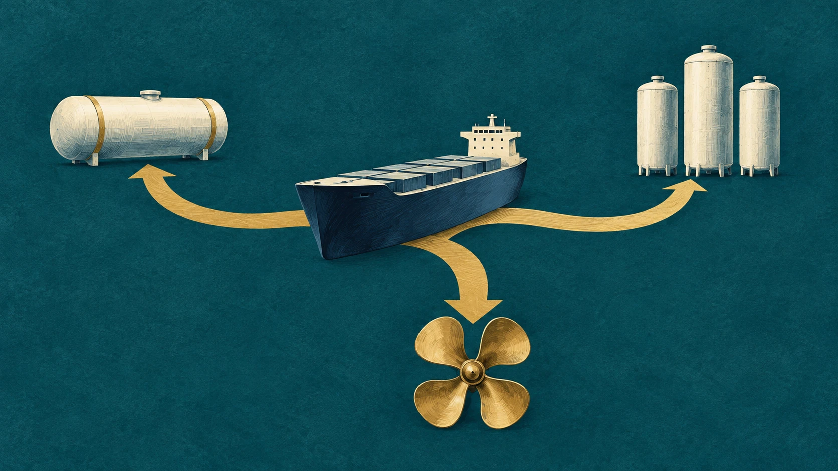 Cargo-ship model with three gold paths leading to fuel tanks and a four-bladed propeller on teal.