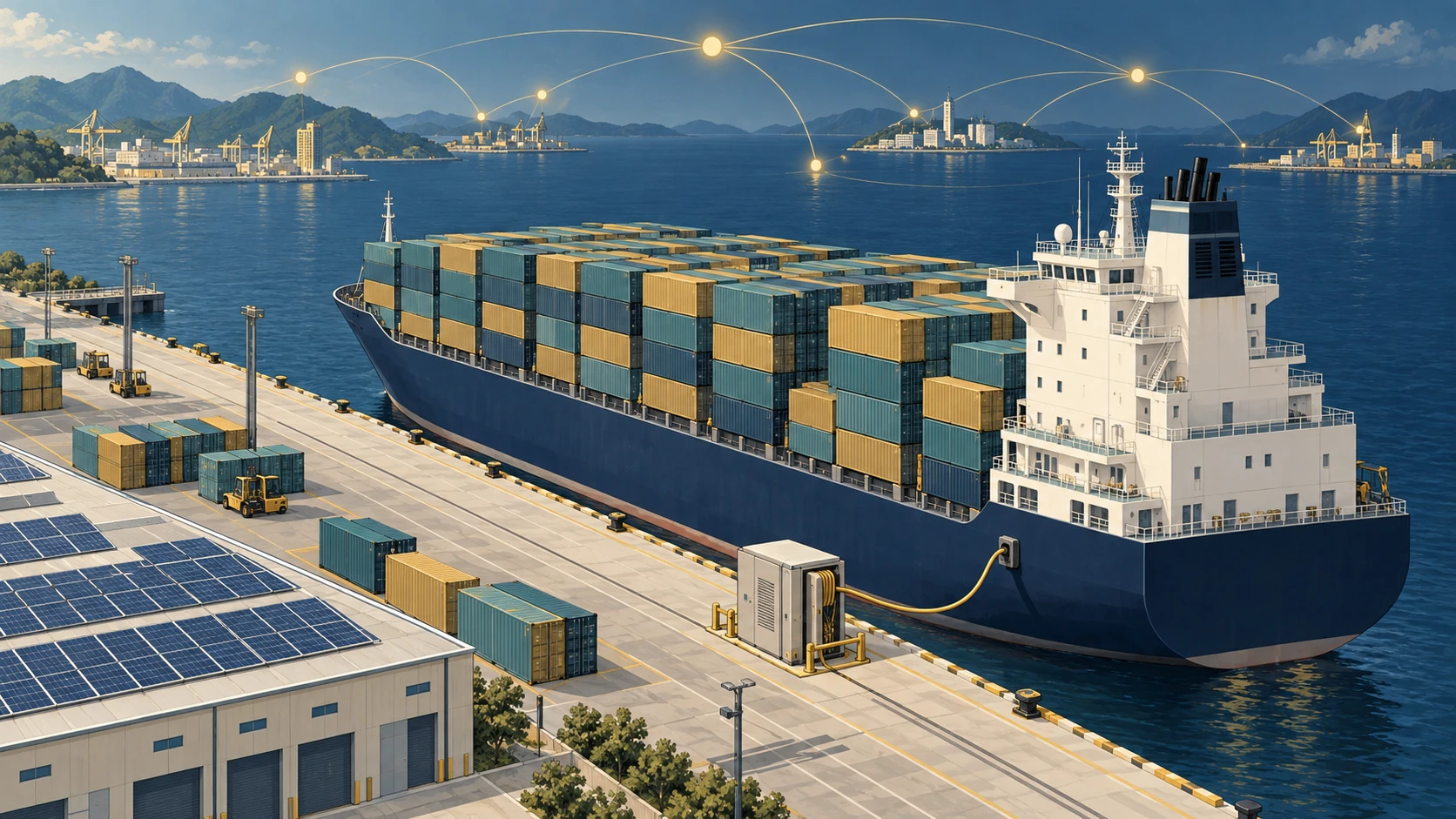 Illustrated container ship connected to a shore-power cabinet, with rooftop solar panels and golden network lines linking distant ports.