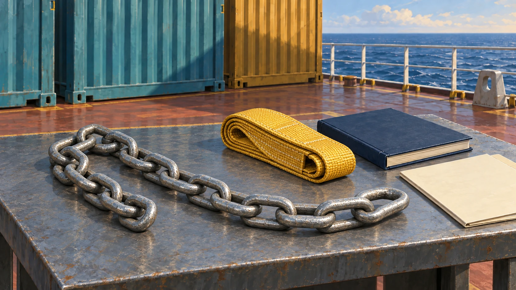 Illustrated steel chain and folded securing strap on a workbench beside a closed manual and folder, with containers and sea behind.